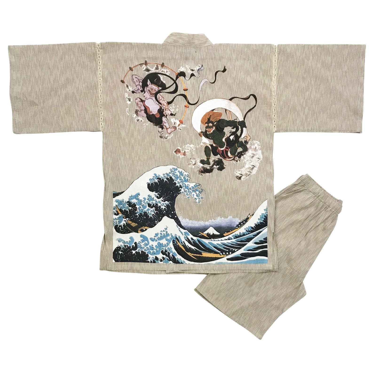 Japanese Jinbei Shijira Weave Fūjin Raijin & Waves Design Beige Size M – 5L New