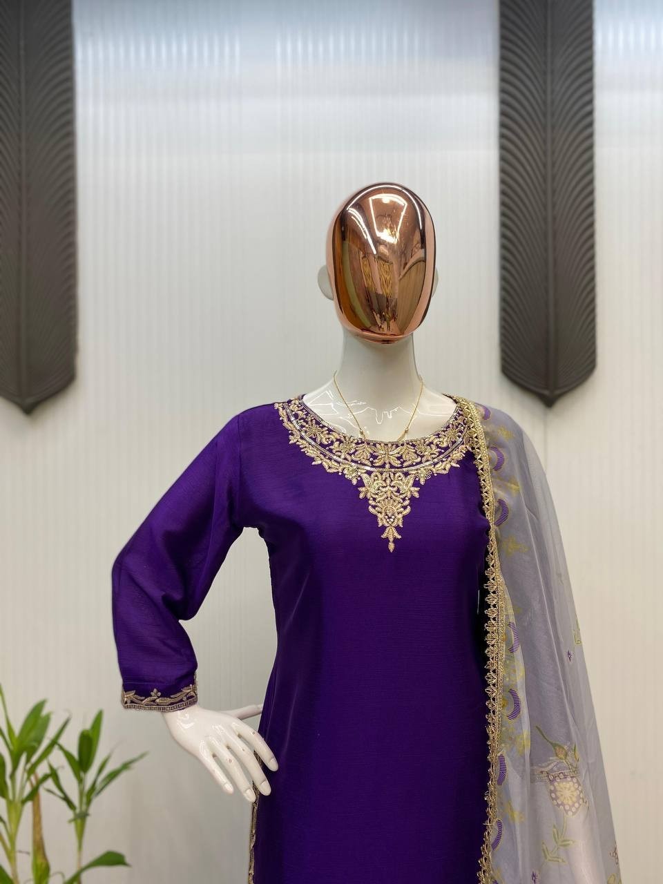 Readymade Chinon Purple Top Palazzo With Dupatta For Women Festival Wear