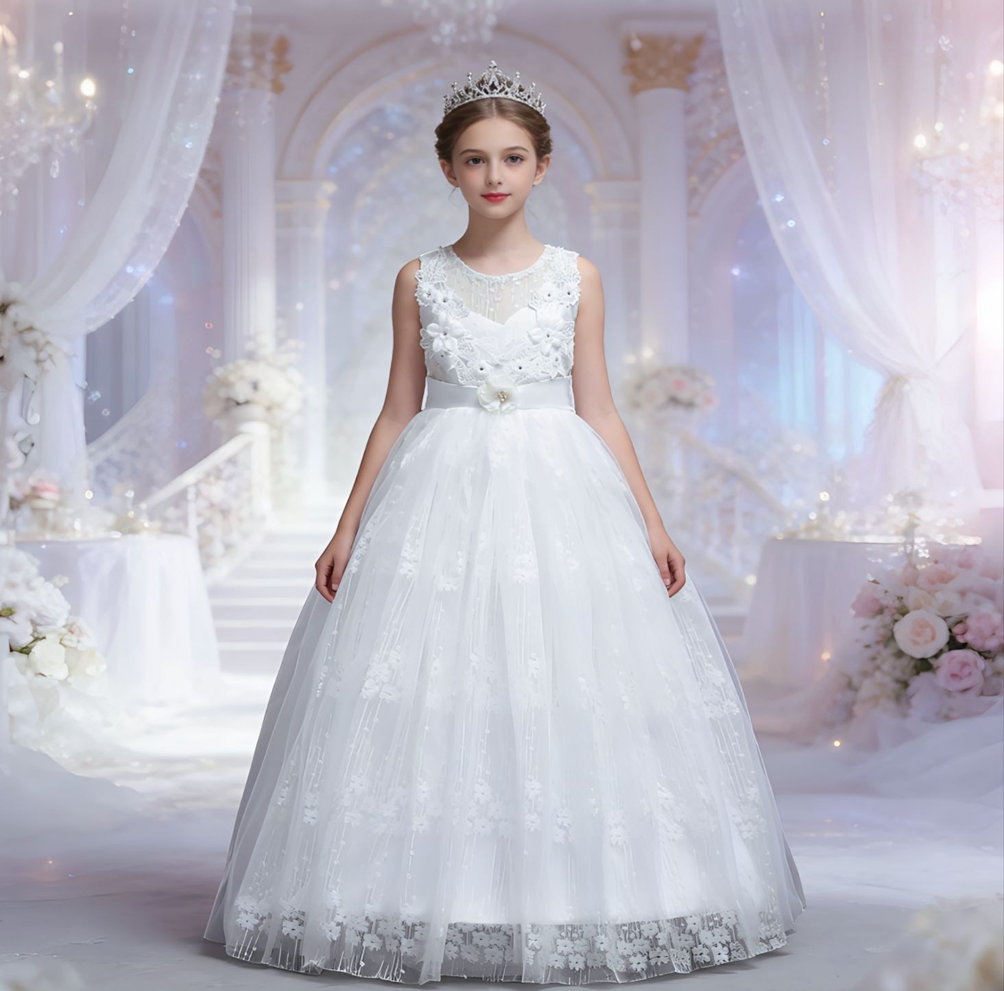 Elegant Party Girl Dress Lace Bow Tie Kaftan Wedding Birthday Princess PromDress