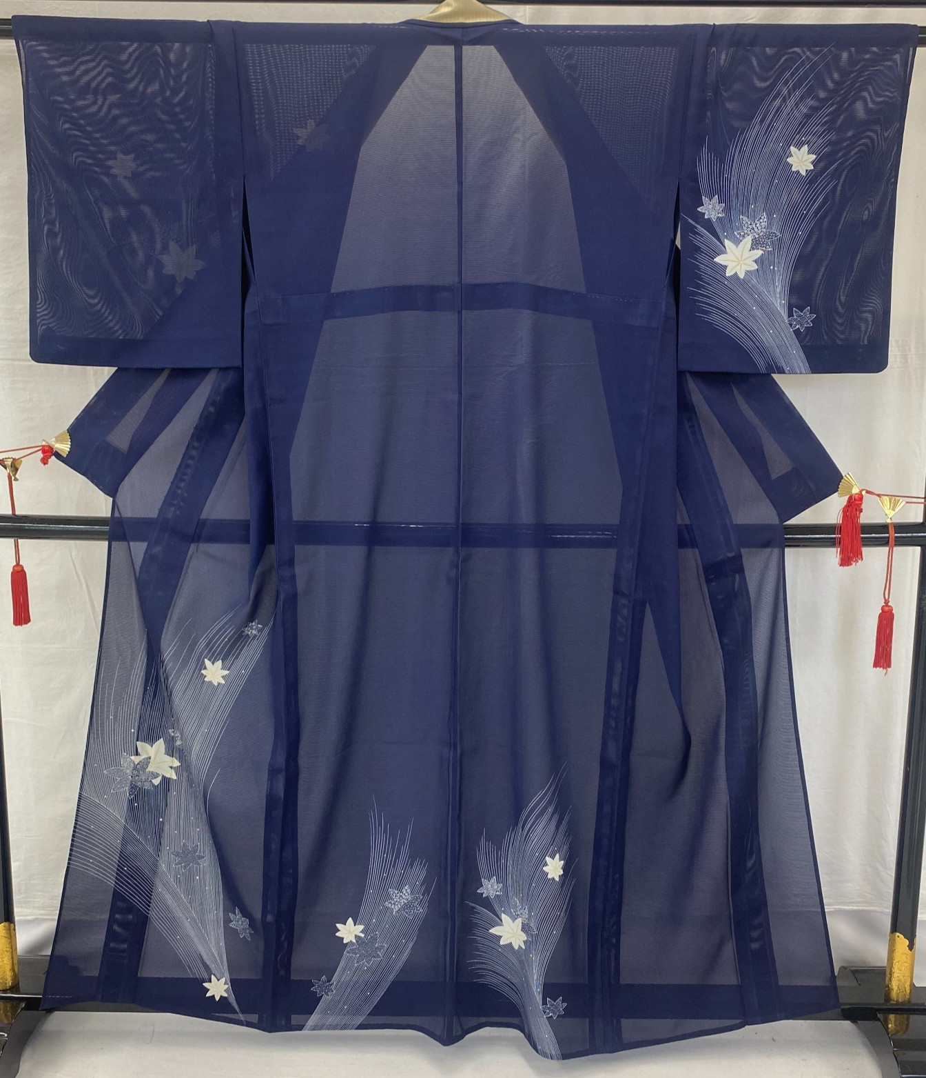 Japanese Vintage Kimono Polyester Navy No Lining Seethrough Length 62 in