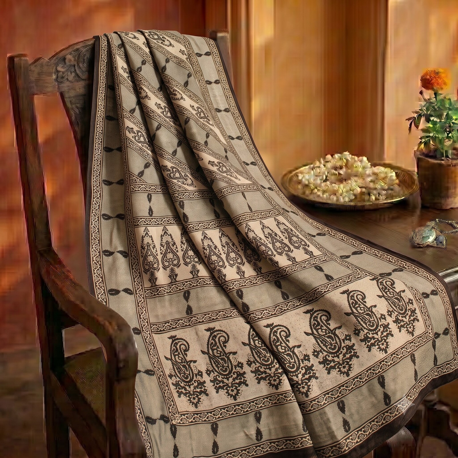 Sanskriti Vintage Beige Pure Silk Saree Paisley Dot Print Fabric 5Yard Sari Diy