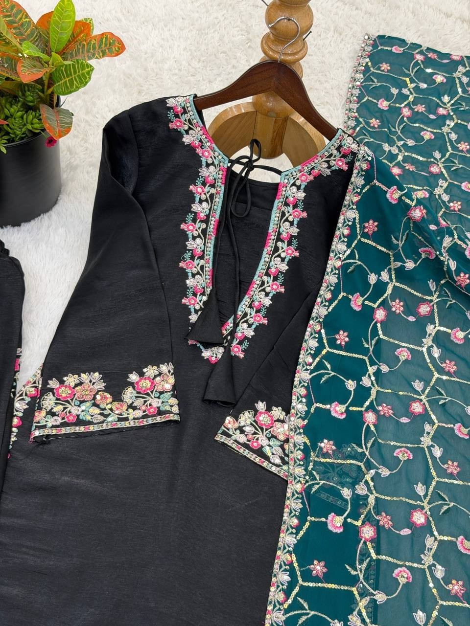 Ethnic Wear Pure Heavy Roman Glass Silk Black Top Bottom With Dupatta For Women