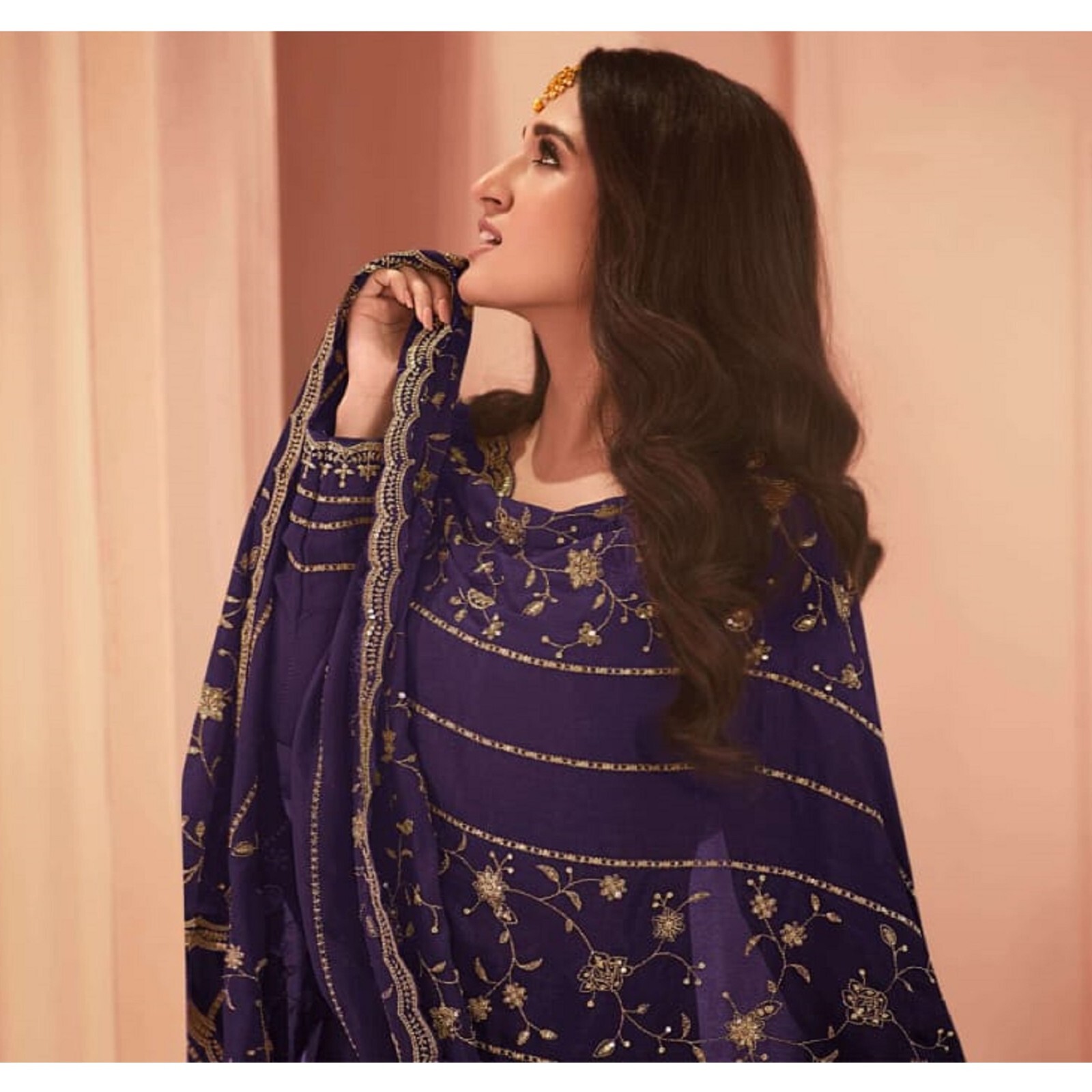 Amusing Purple Color Designer Salwar Kameez Trouser Pant Suit With Heavy Dupatta