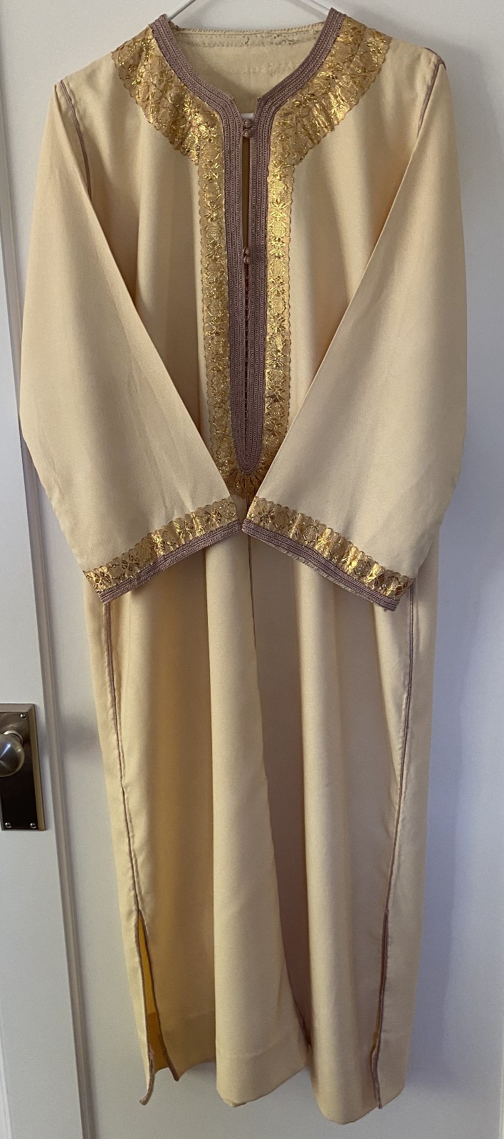 Vintage Moroccan Kaftan Gandoura Djellaba Cream and Gold with Hood