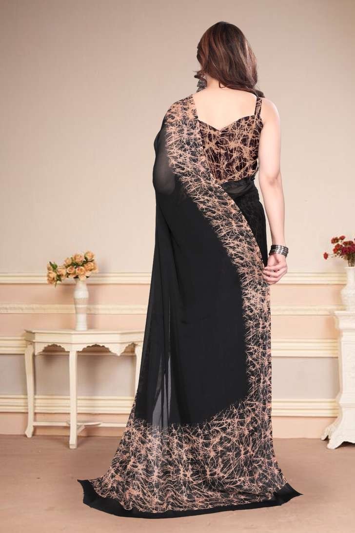 Owee Printed Bollywood Chiffon, Georgette Saree with Unstitched Blouse (Black)