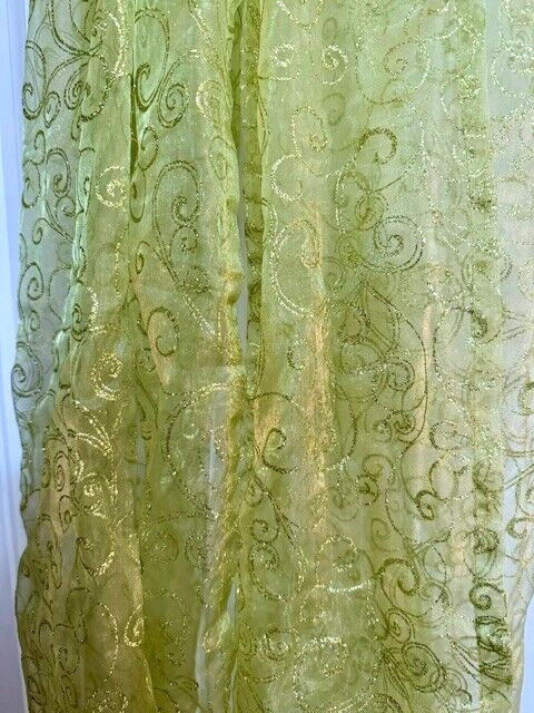 Sheer Apple Green with Golden Sparkle Scrolls Pattern 24″ x 104″ Fabric Scarf