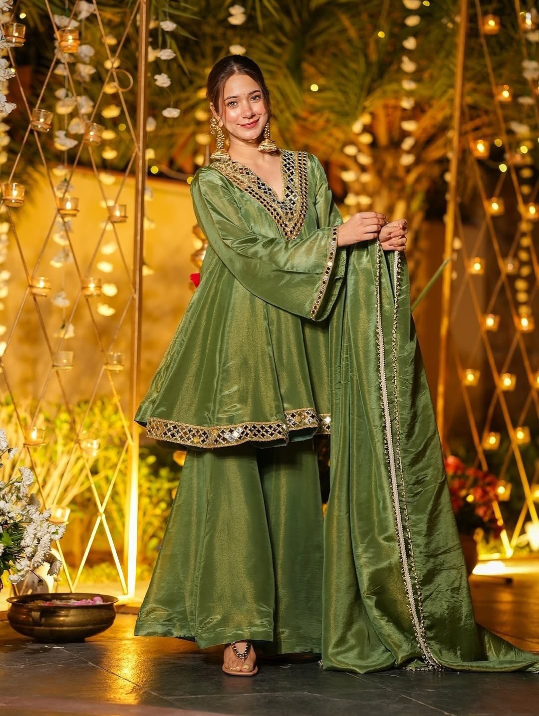 FESTIVAL SPECIAL REAL MIRROR WORK ON SILK FABRIC TOP AND PLAZZO WITH DUPATTA SET