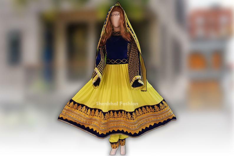 Dress Afghan Yellow And Blue With Golden Embroidery Beautiful Afghan Kuchi Dress