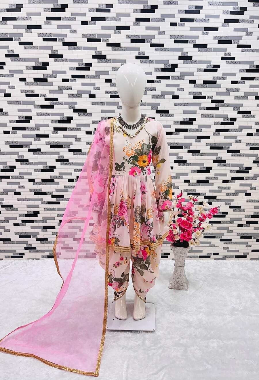 DESIGNER GEORGETTE DIGITAL PRINT WORK KID WEAR TOP DHOTI WITH DUPATTA BABY PINK