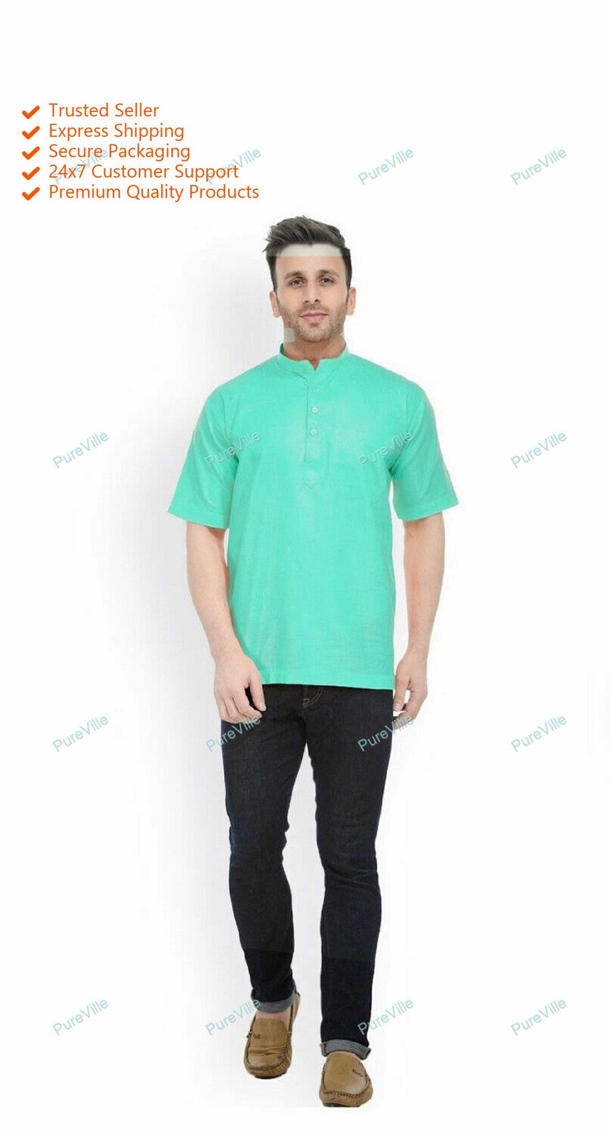 Mens Kurta Indian Button Down Shirt Kurta Solid Tunic Cotton Tall half Sleev