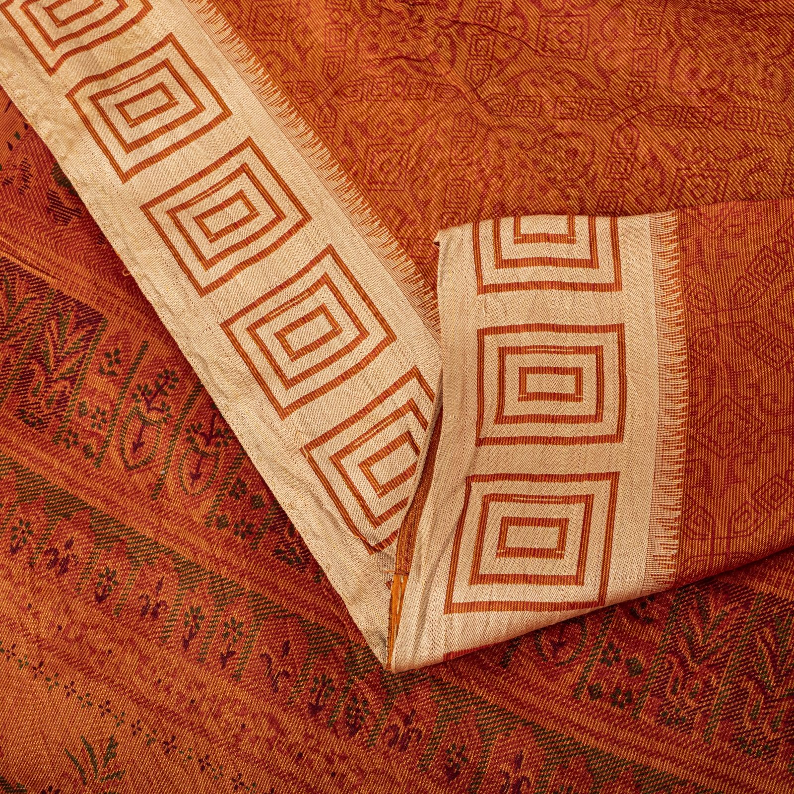 Sanskriti Vintage Orange Pure Silk Saree Geometric Print 6Yard Sari Fabric Craft