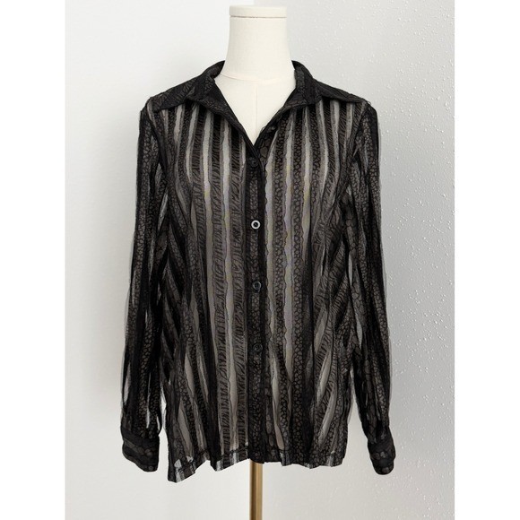 Y2K Black Sheer Animal Print Mesh Button Down Blouse Edgy Goth Grunge (12P)