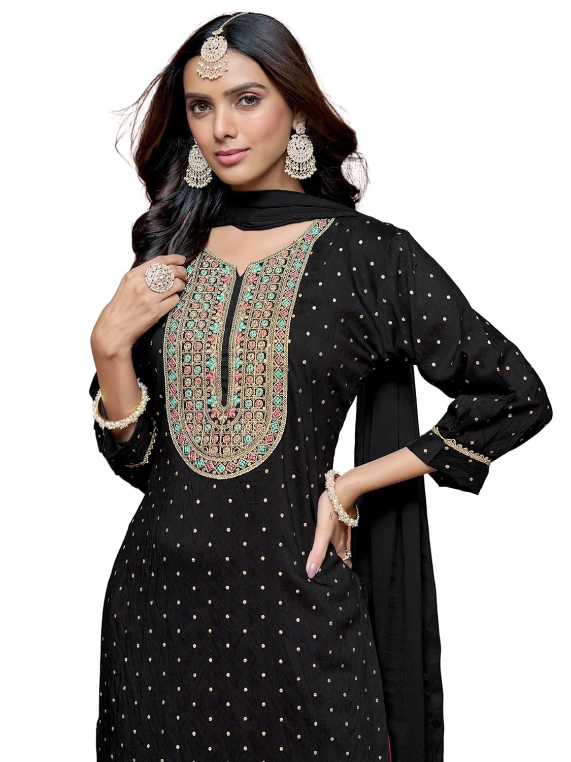 Women’s Chanderi Embroidered Straight Kurta Salwar Dupatta Set