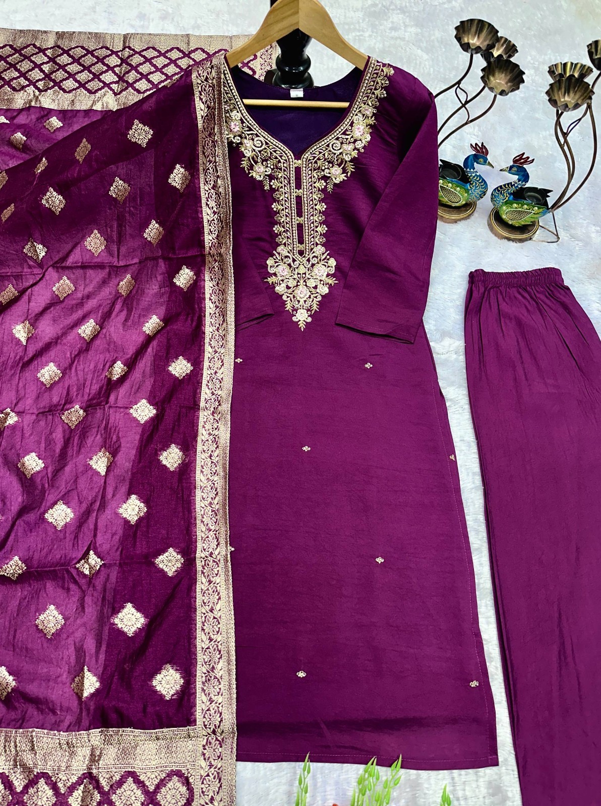 New Roman Silk Purple Salwar Kameez With Dupatta For Festival Wear