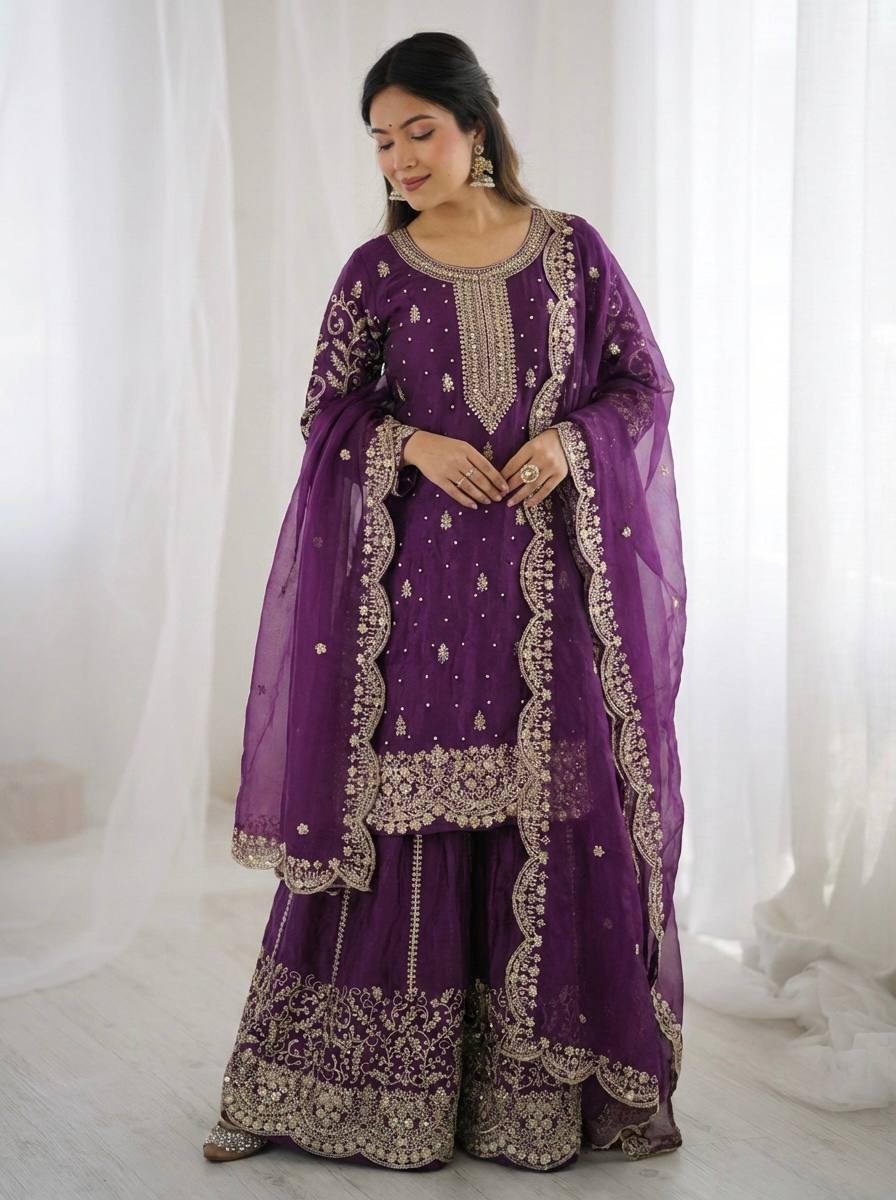 Stylish Look Silk Purple Top Palazzo With Dupatta For Festival Wear