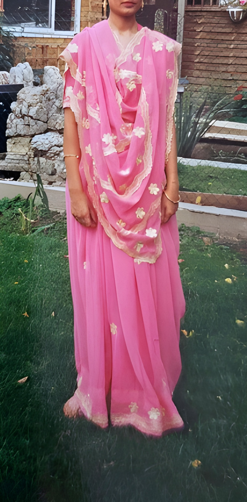 Vibrant Salmon Pink Chiffon Saree • Gold Zari Border & Matching Blouse Set