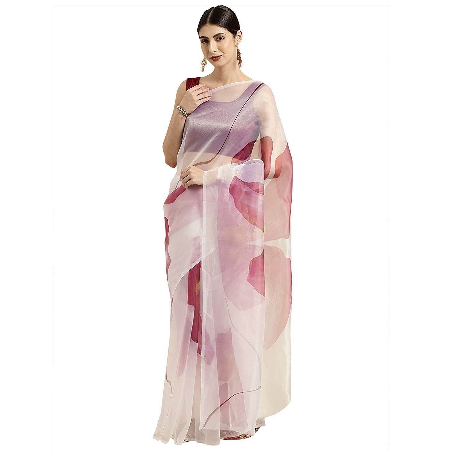 New Womanista Women’s Crepe Saree with Blouse Piece (Off White & Pink Onesize)