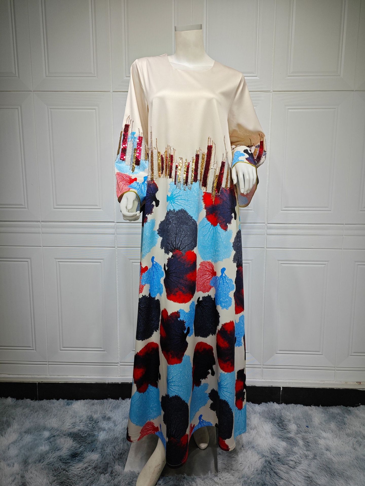 Eid Muslim Abaya Dubai Print Sequin Dresses Arab Turkey Kaftan Morocco Robe Maxi