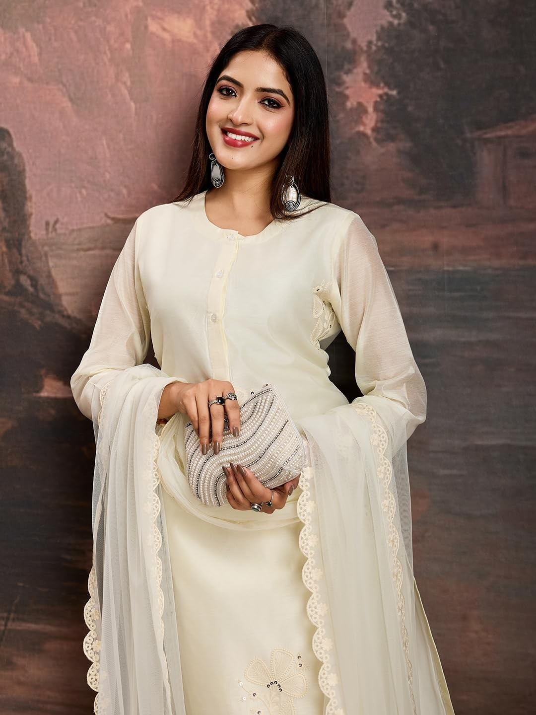 Women’s Chanderi Cotton Silk with Yoke Embroidery Kurta & Silk Crepe Pant Set