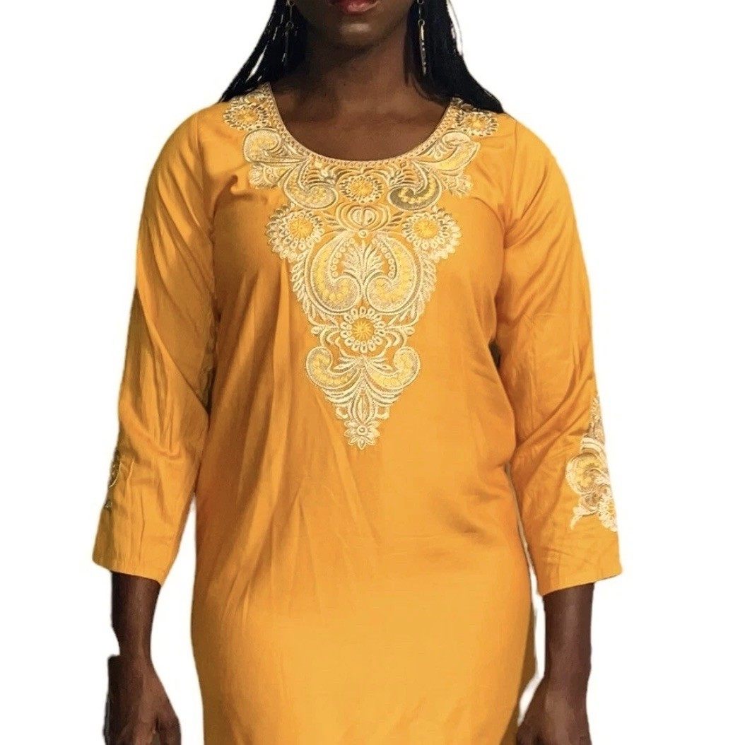 2 Piece Burnt Orange African Caftan with Gold Embroidery and Matching Head Scarf