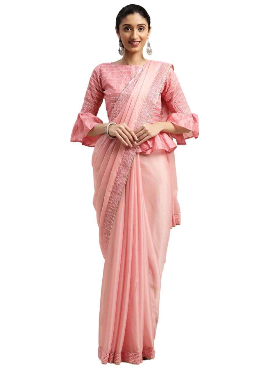 Women’s Chiffon Plain, Embellished Lace Saree with Unstitched Blouse Piece