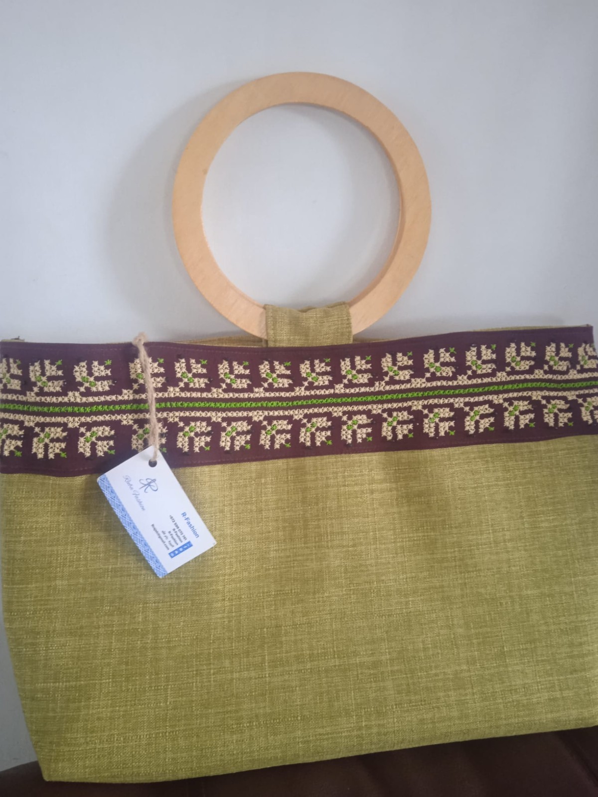 3pc Handmade Palestinian Tatreez Set: Olive Green Bag Wood Handle Scarf Necklace