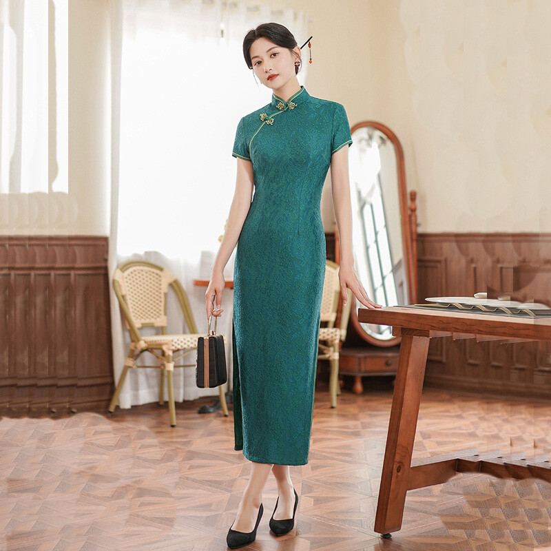 Women Summer Lace Qipao Dress Chinese Traditional Long Cheongsam Lady Party Gown