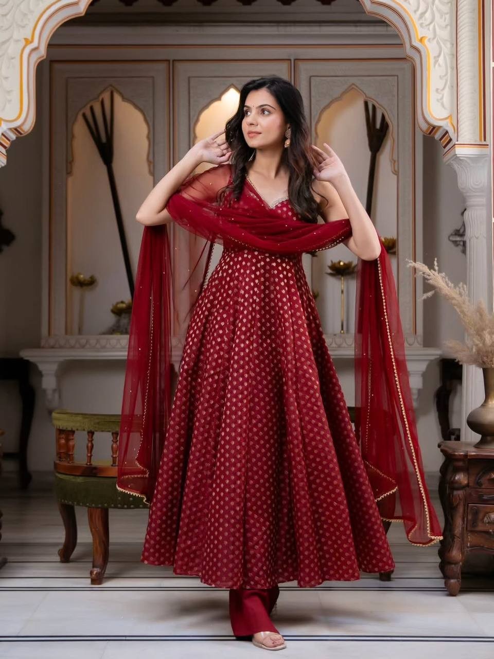 New Chanderi Jacquard Maroon Gown Bottom With Dupatta For Festival Wear