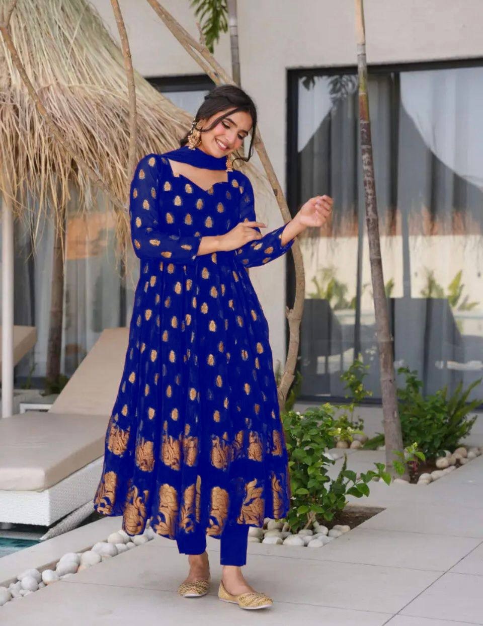 Beautiful Blue Heavy Faux Georgette Gown Bottom And Dupatta For Festival Wear