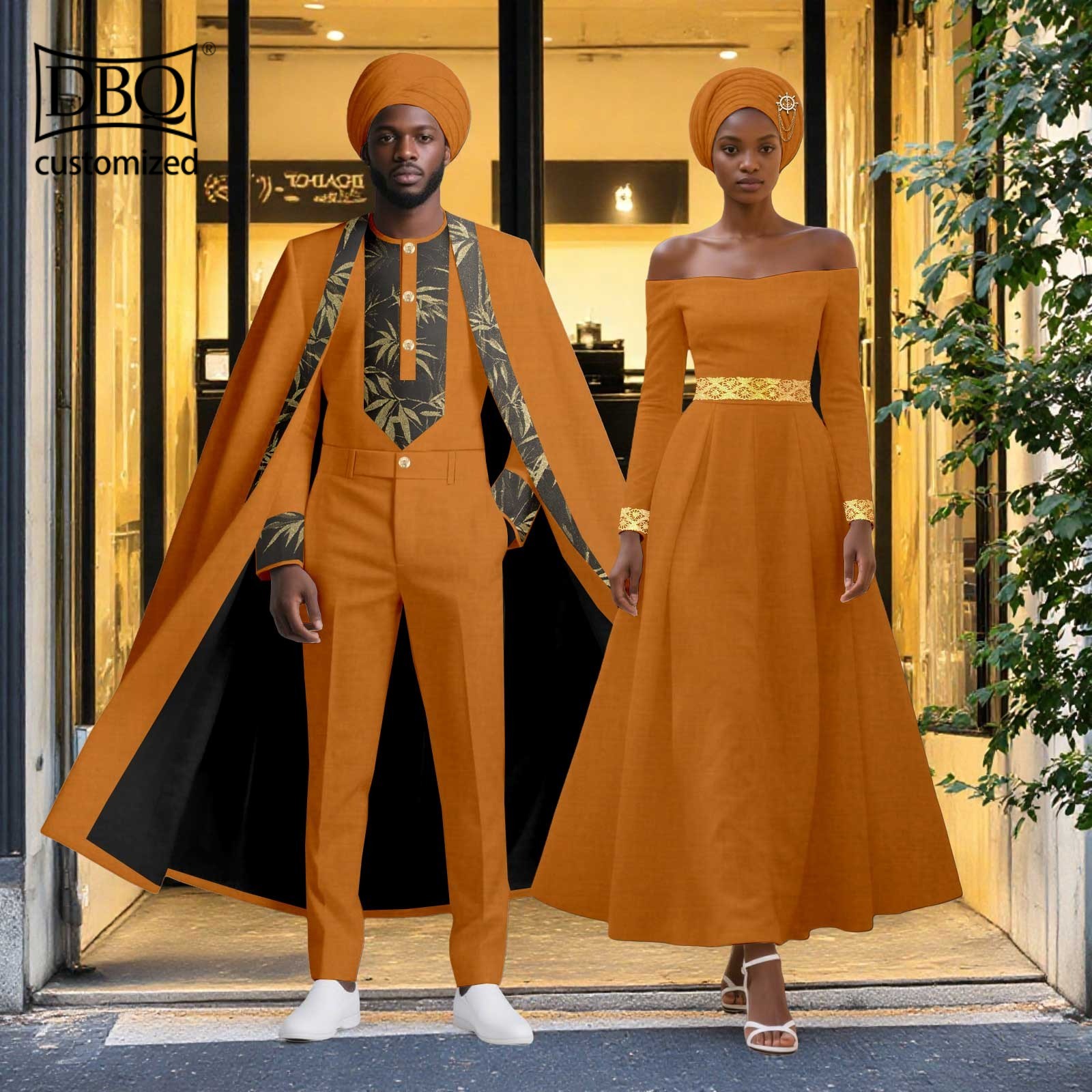 African Couple Clothes Men Long Cloak+Jacket Pants Set Women Dress with Headwrap