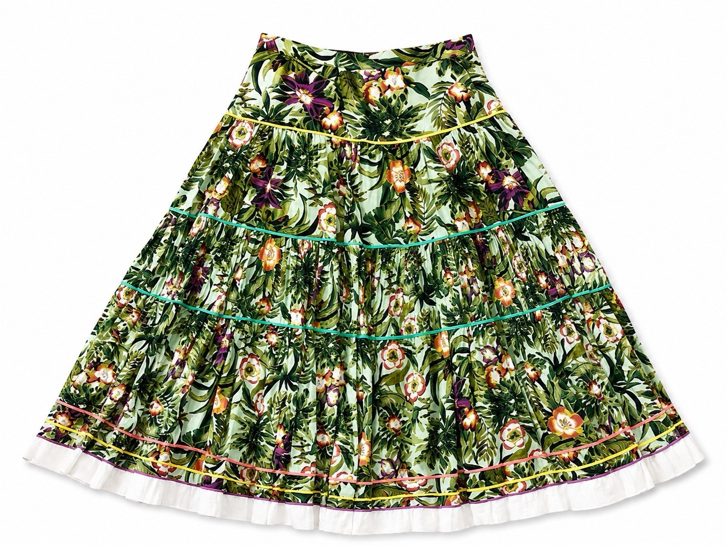 Vintage Green Tropical Floral Tiered Gypsy Lace Trim Festival Skirt Small