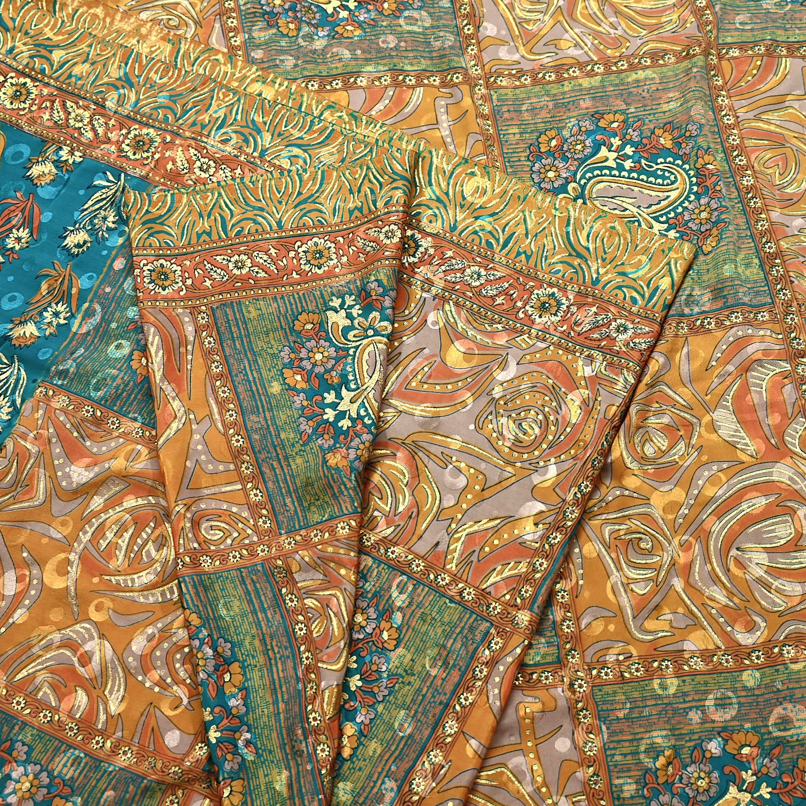 Indian Vintage Sari Moss Crepe Printed/Painted Saree Floral 5 Yards Soft Fabric