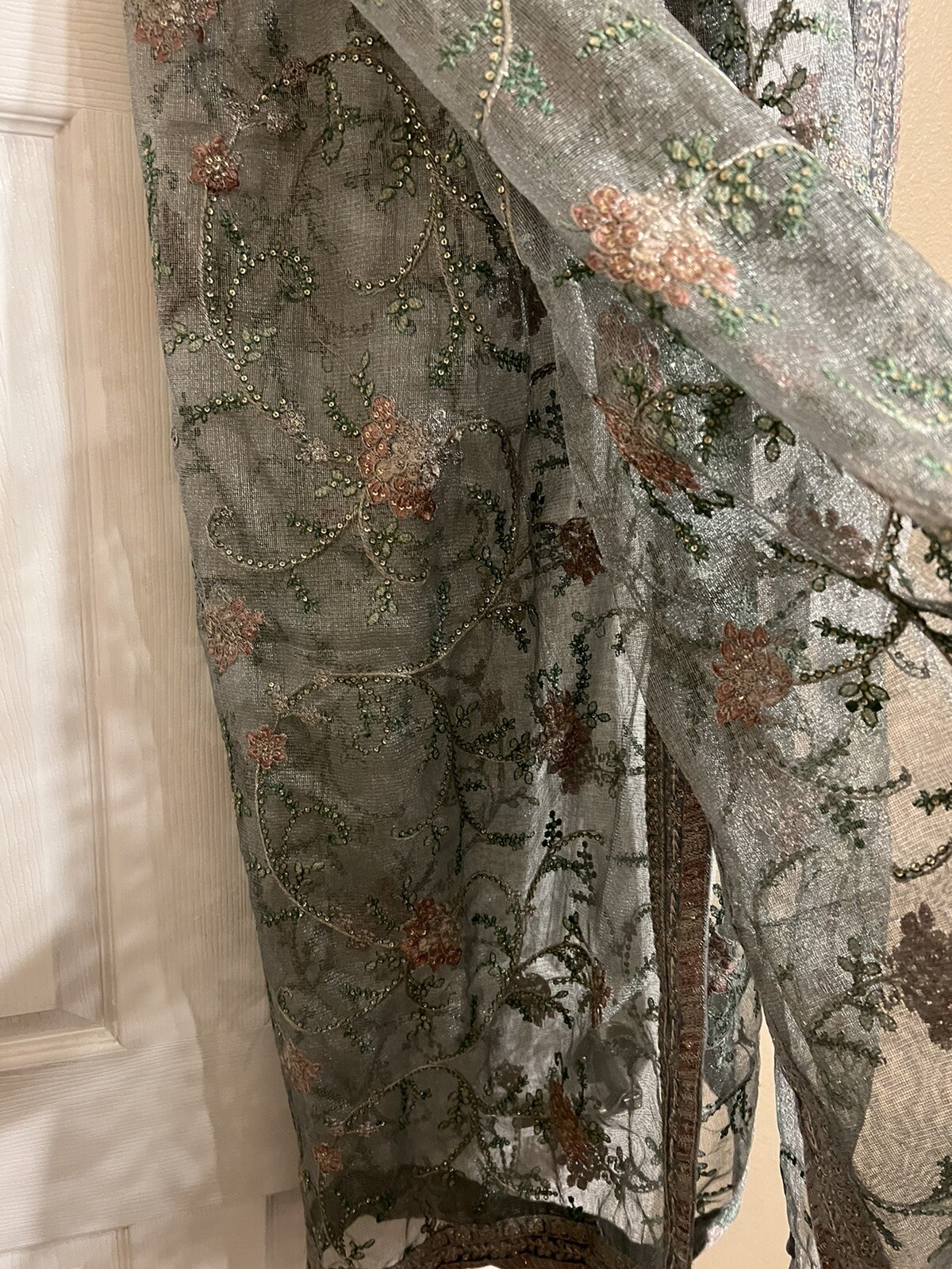 Grey/Silver/Green On Velvet Pakistani Fancy Gharara Dress