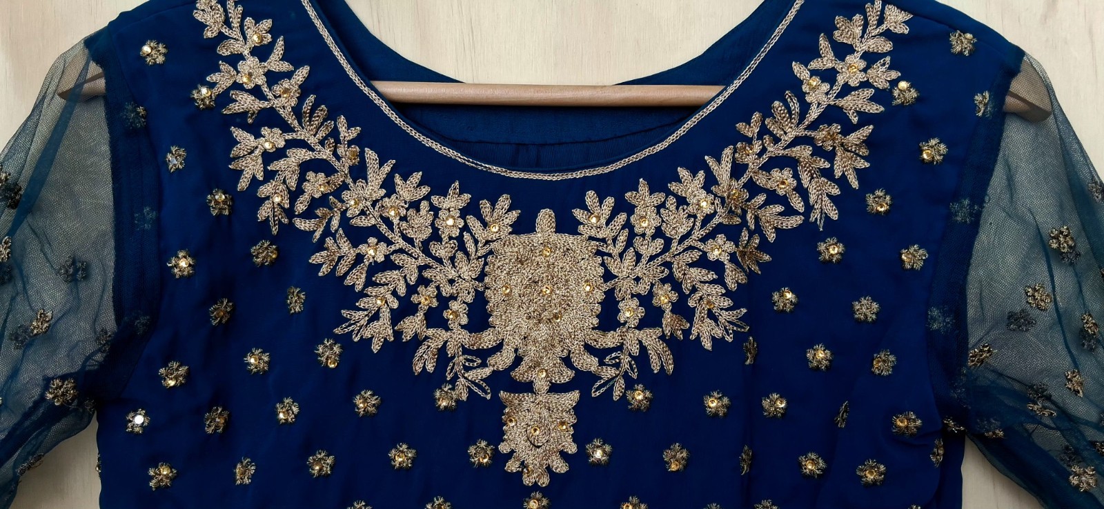 Indian Anarkali Gown Dress S Royal Blue Gold Embroidered Long Sleeve Maxi Party