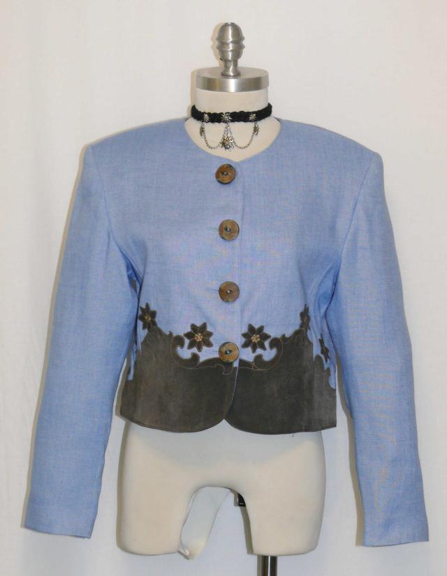 BLUE ~ LINEN & LEATHER German Women Sport Riding Dress Suit JACKET Coat 36 4 6 S
