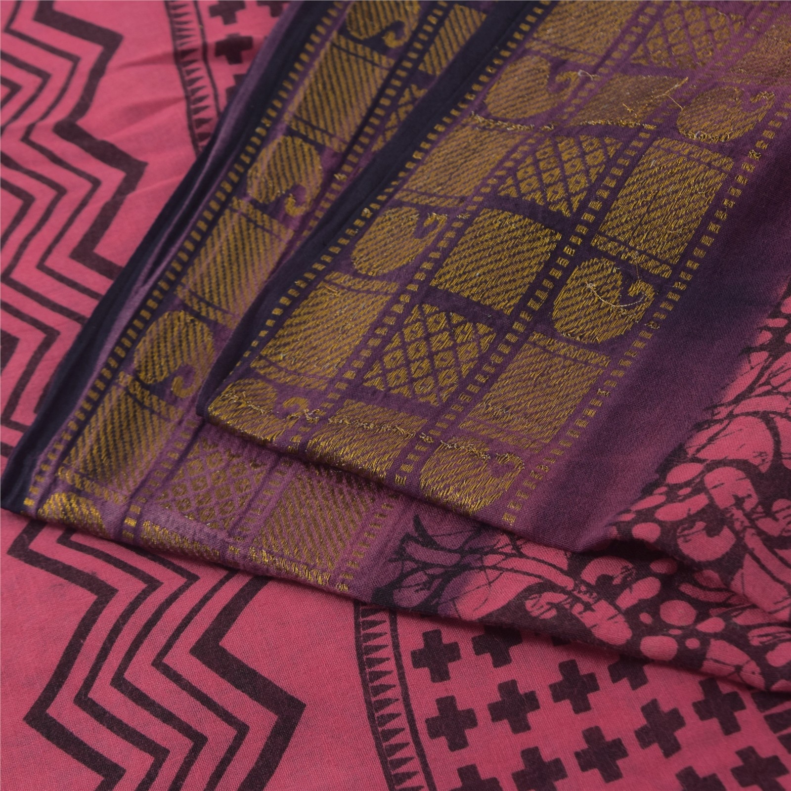 Sanskriti Vintage Sarees Pink & Black Block Print Zari Pure Cotton Sari Fabric