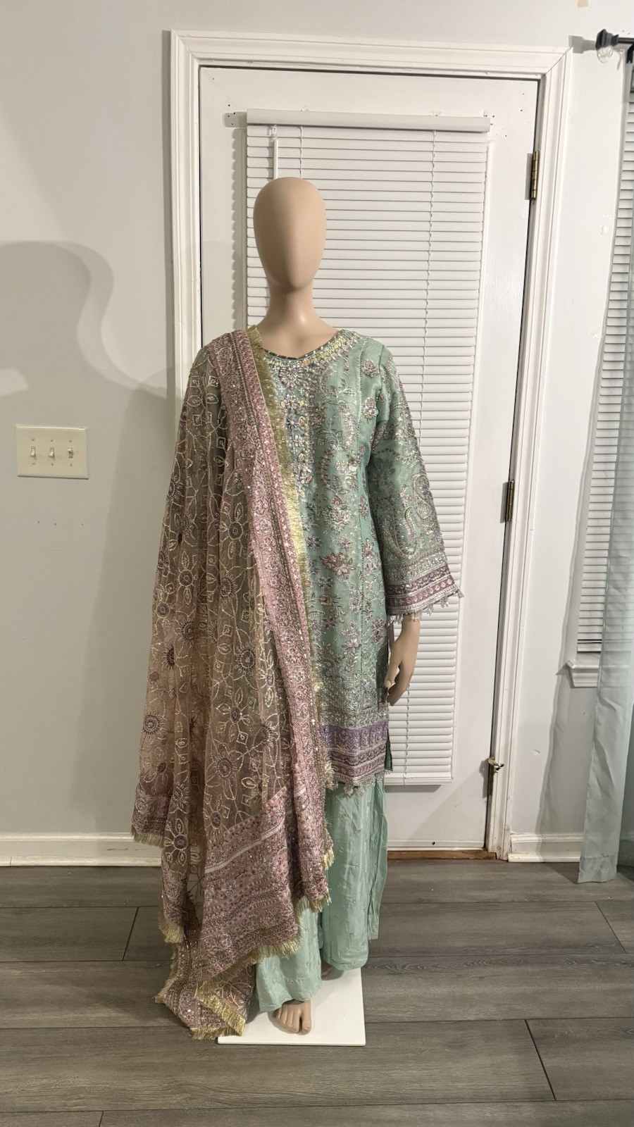 Pakistani Khadi Net Suit Mint Green 3 Piece | Net Dupatta | Cotton Silk Palazzo