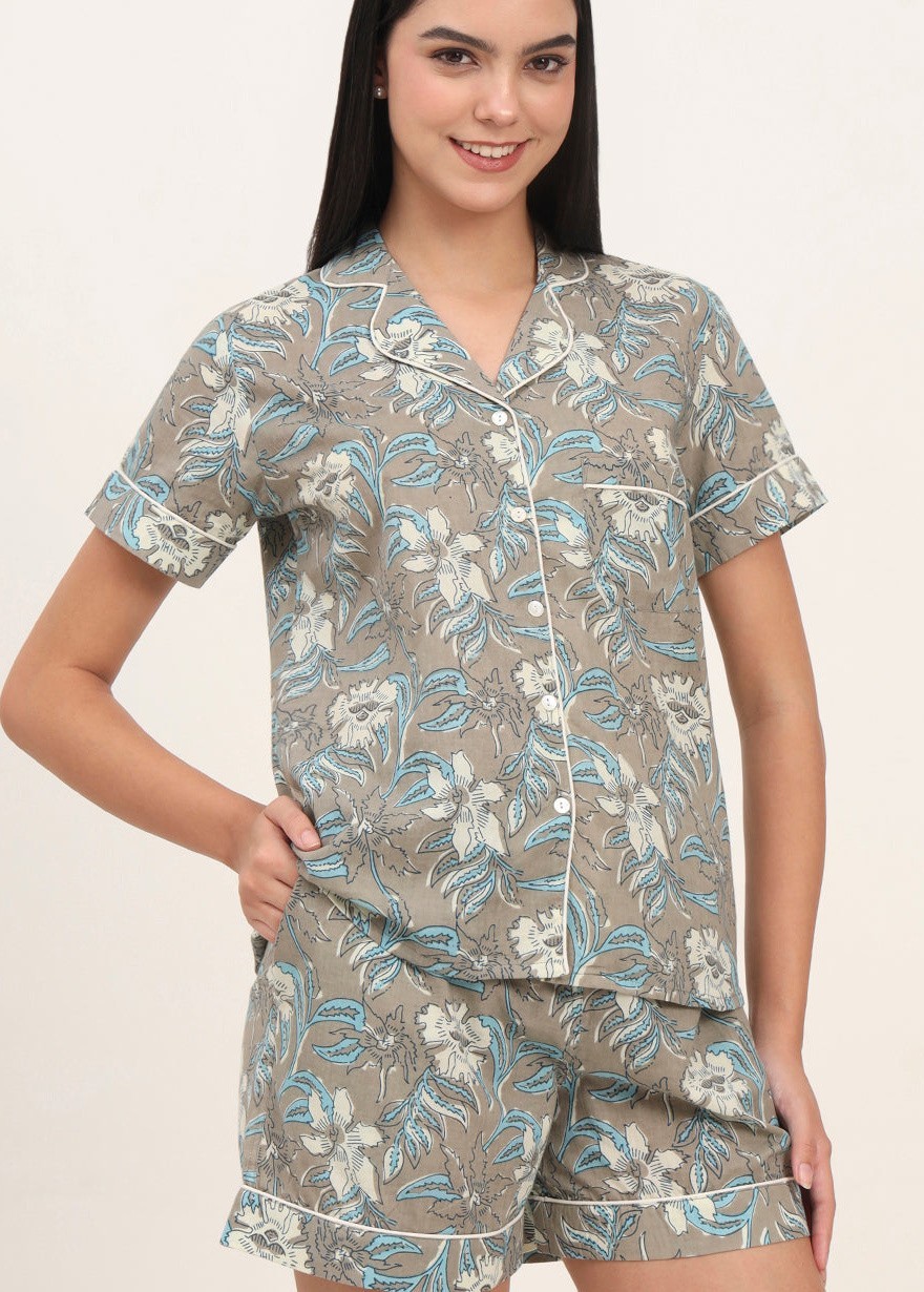 Grey Cotton Floral Printed Shirt with Shorts Night Suit for Women Sleepwear