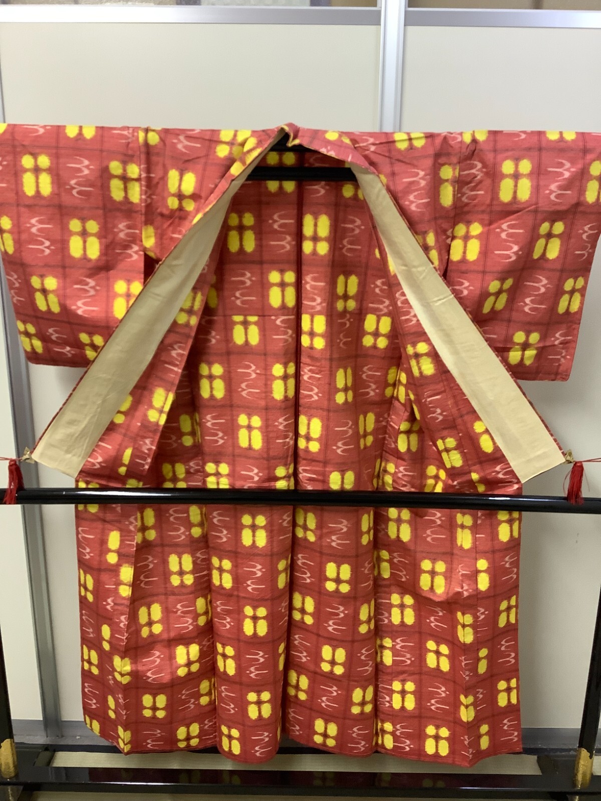 Japanese Vintage Kimono Pure Silk red Tumugi Expensive Dirt Height 62.99in