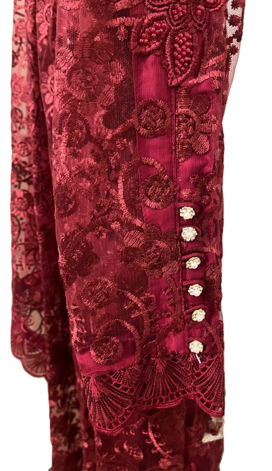 Ladies New Maroon sheer Poncho Caftan Cape style lace net tunic shirt & pants S