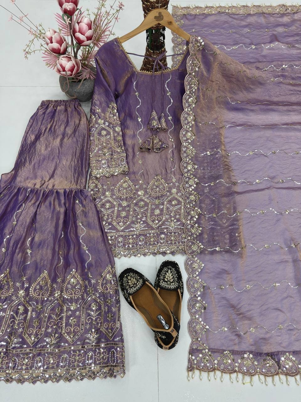 Heavy Satin Purple Top Palazzo With Dupatta For Wedding & Party Wear