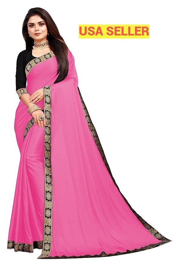 Women’s Lycra Plain Jacquard Lace Border Gorgeous Saree Blouse Piece PINK AN4