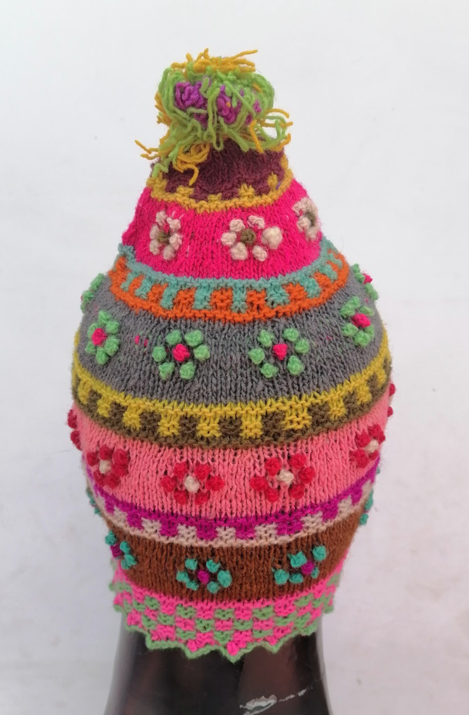 Unisex Chullo Knitted Sheep Wool Multicolored Flowers Cusco