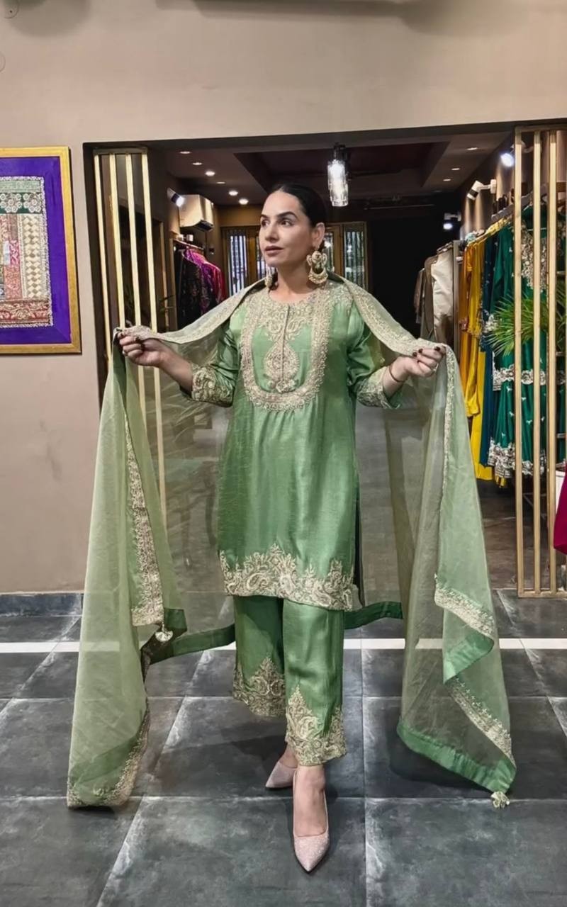 Chinon Silk Sage Green Salwar Kameez With Dupatta For Indian Party Wear
