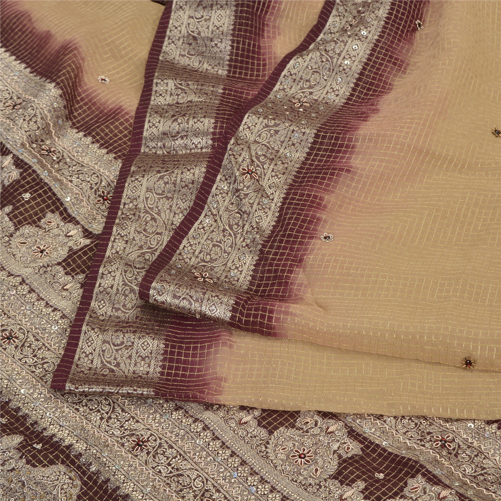 Sanskriti Vintage Sarees Brown Georgette Hand Beaded Zari Brocade Sari 6Ydfabric