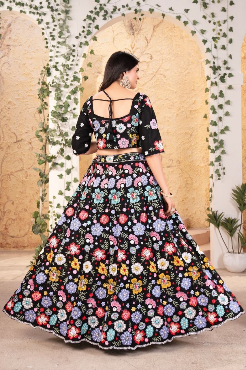 Black Georgette Embrodaried Flower lahenga choli
