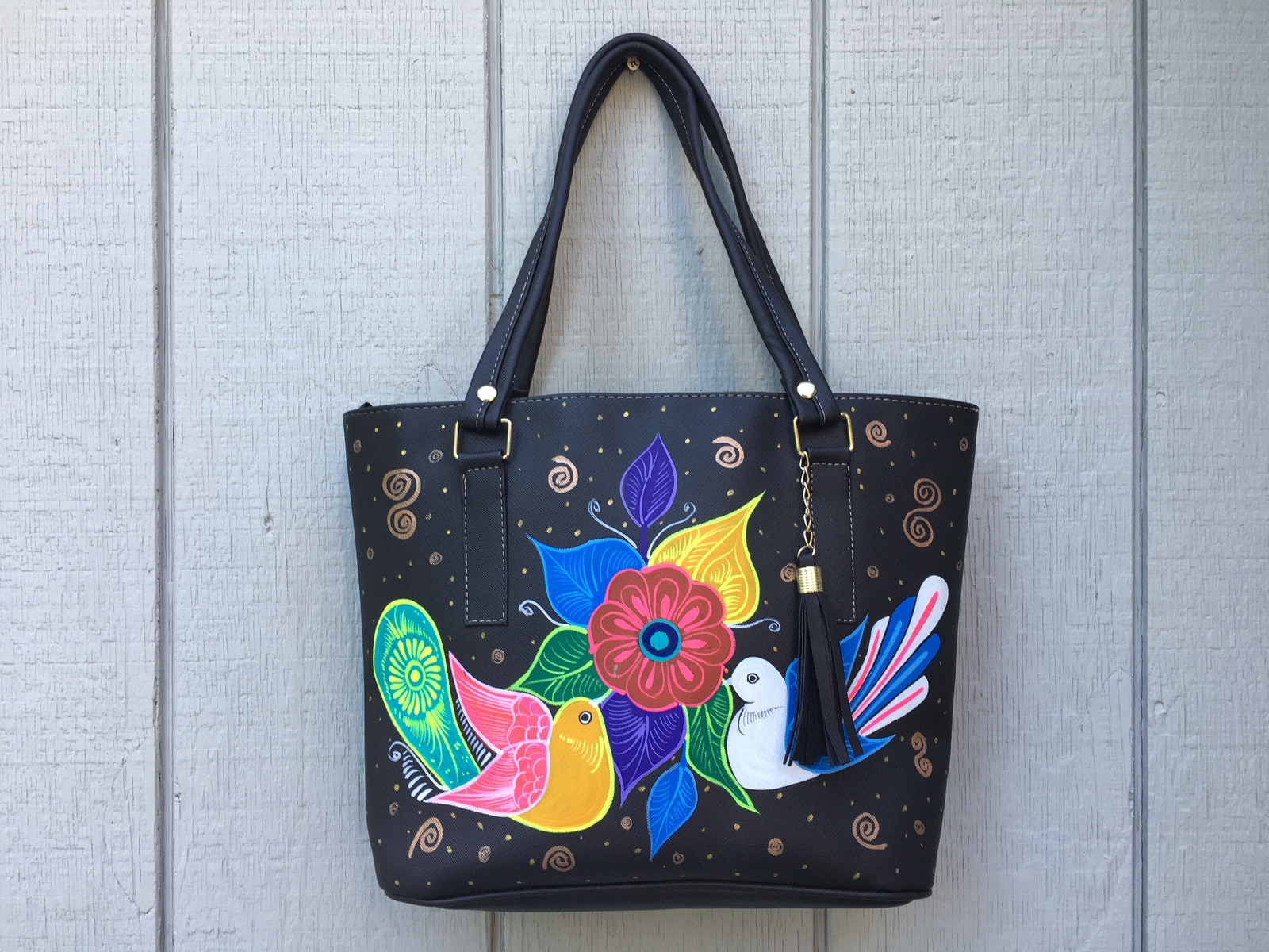 Hand Painted Mexican Tote Bag Purse Handbag – Synthetic Vegan Leather Bag