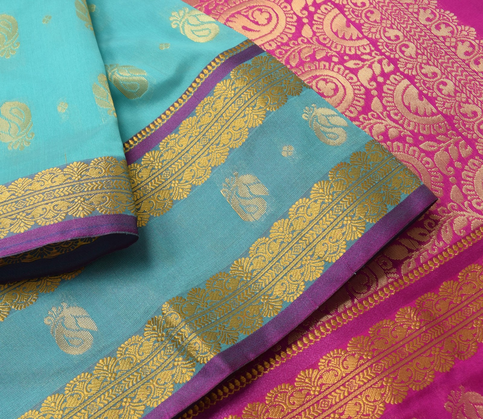Indian Aqua Green Banarasi Sari Art Cotton Saree Blouse Fabric Gold Zari Woven