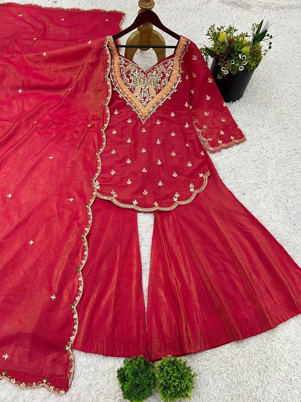 Indian Style Red Simar Silk Top Palazzo And Dupatta For Indian Party Wear