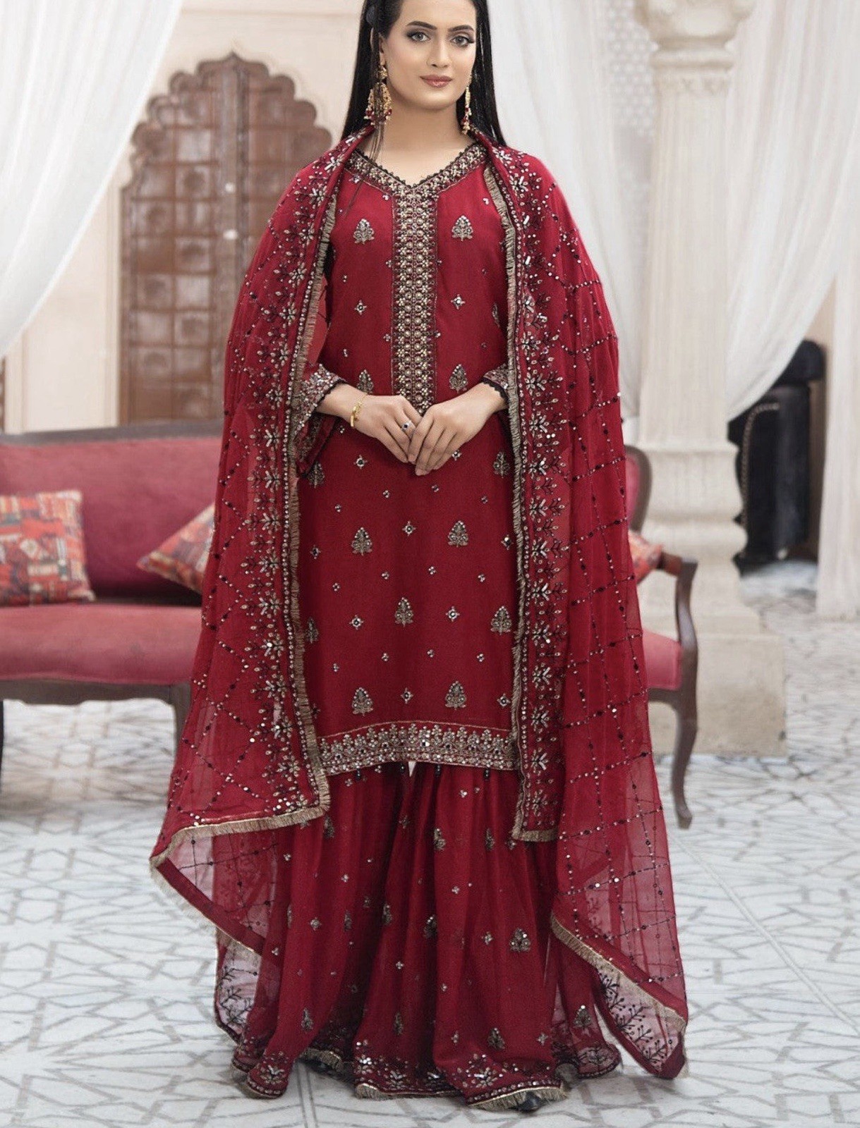 Luxury Chiffon Crimson Royale Sharara Set